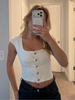 Madewell White Button-Front Square Neck Crop Top